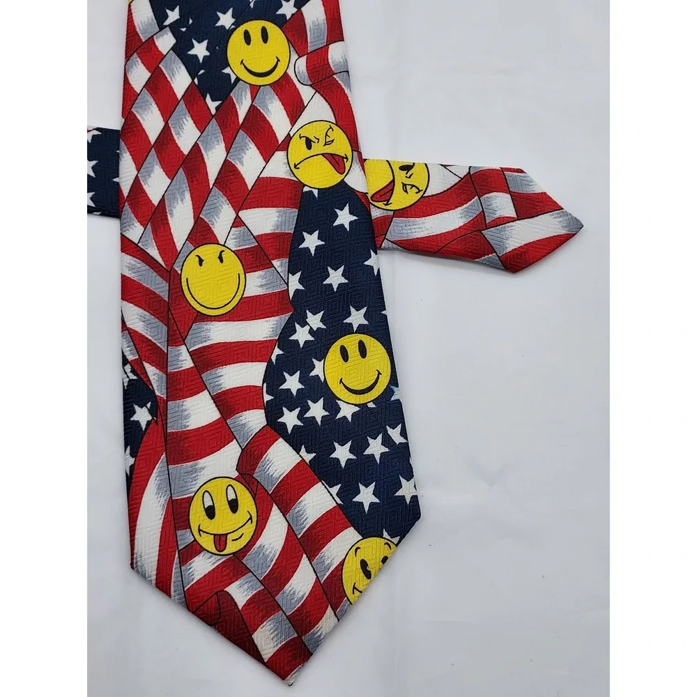 Deborah Hand Made Men American Flag Smiley Face Patriotic Necktie Red White Blue